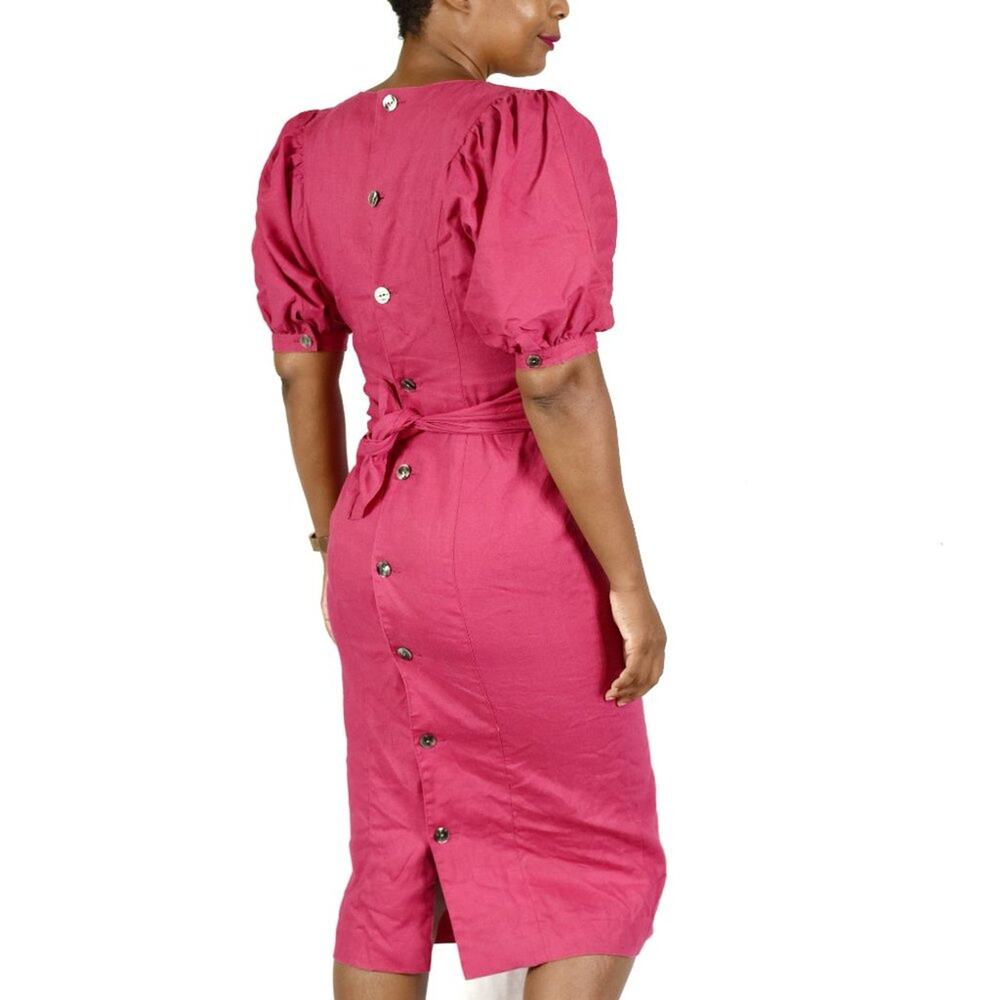Vintage Ciro Pink Linen Dress Puff Sleeve Back Buttons Architectural 90s XS 2